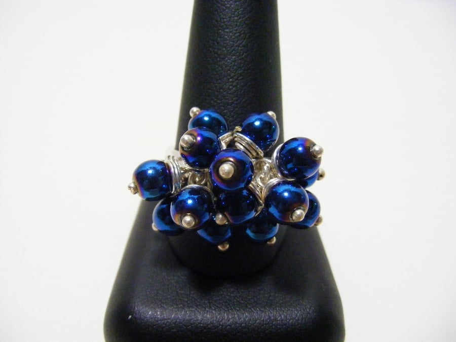 Metallic Blue Colour Coated Hematite Adjustable Ring