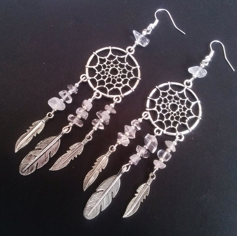 Clear Quartz Dreamcatcher New Age Earrings Silver Plate 