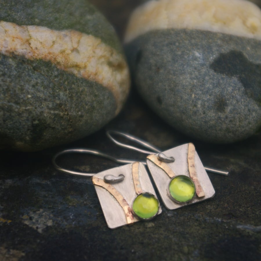 Silver and Gold Shoreline Dangle Earrings with Peridots 