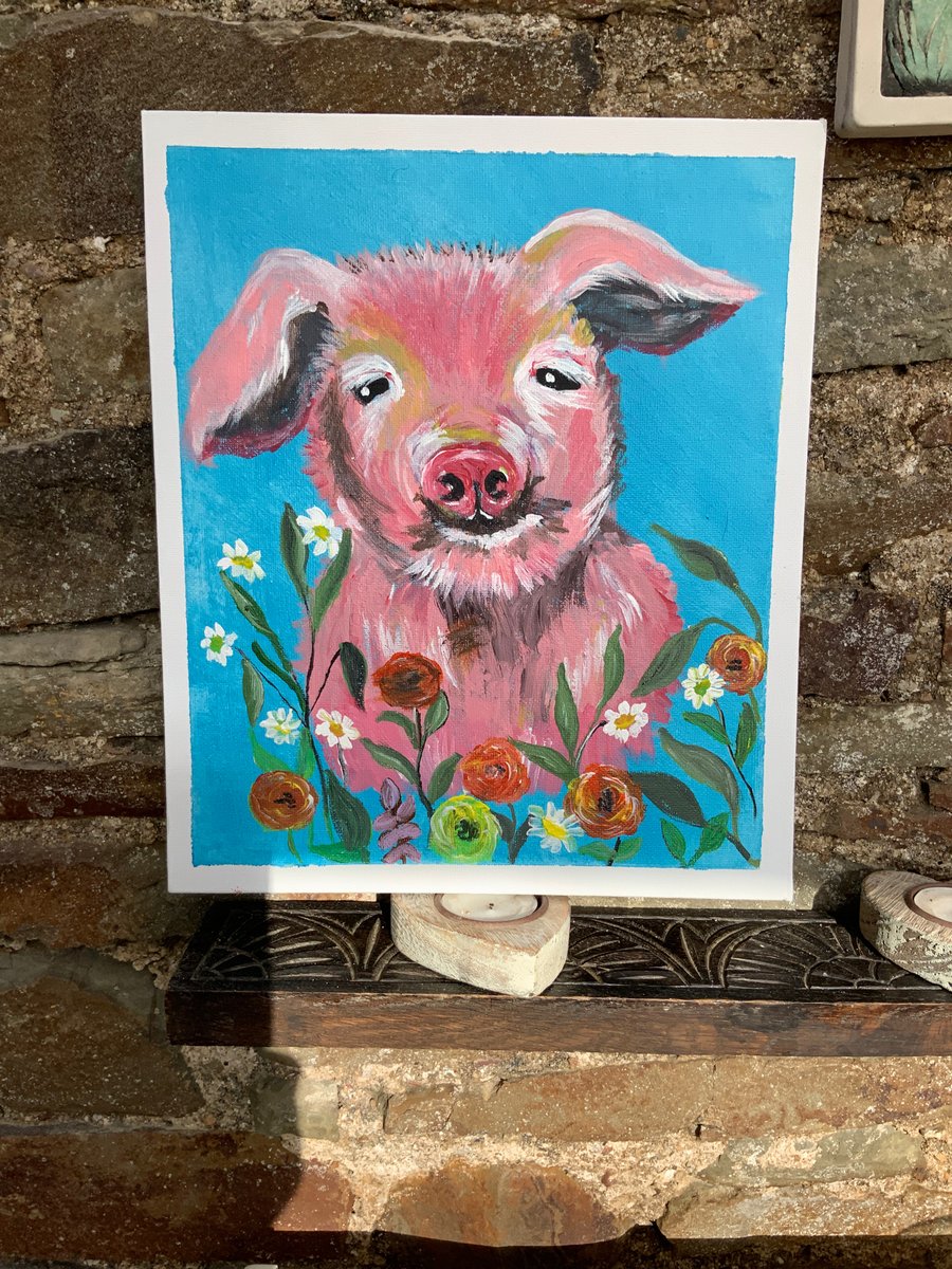 Acrylic painting. Little piggy among flowers on Canvas. 10” by 12”. Pig Art.