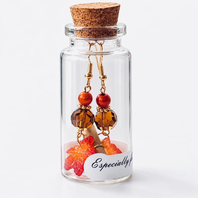 Autumn Glow – Handmade Maple Leaf Earrings in a Bottle 