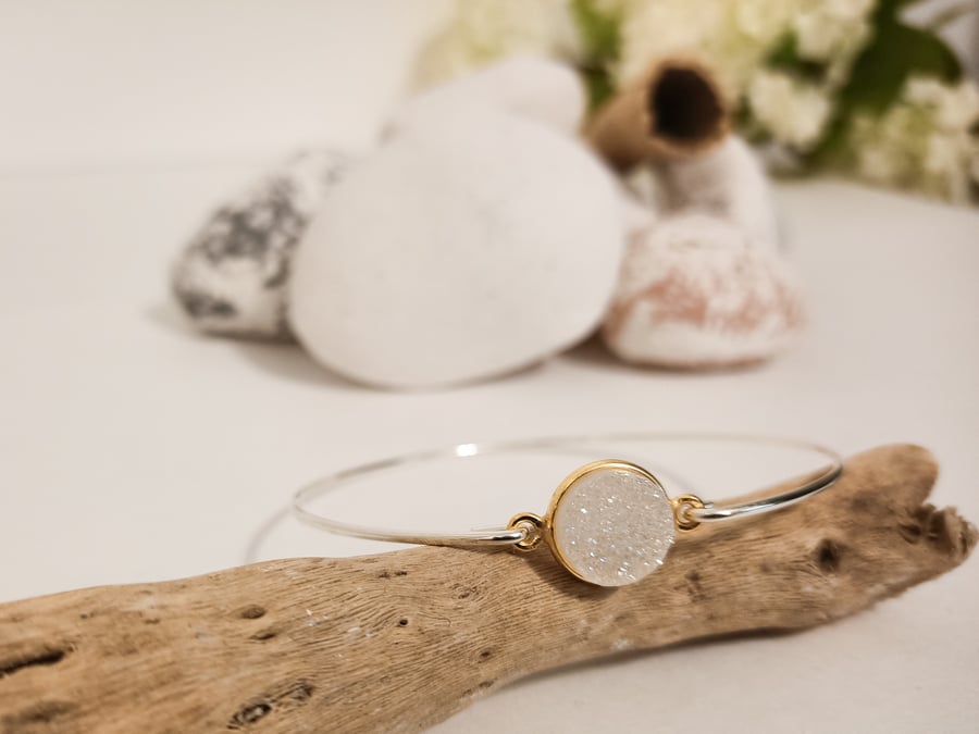 Sterling Silver Bangle with Gold Vermeil White Druzy