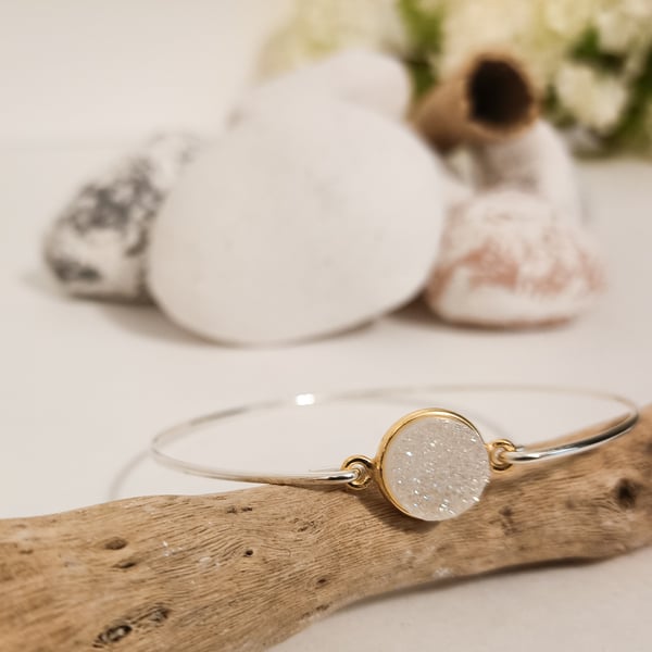 Sterling Silver Bangle with Gold Vermeil White Druzy