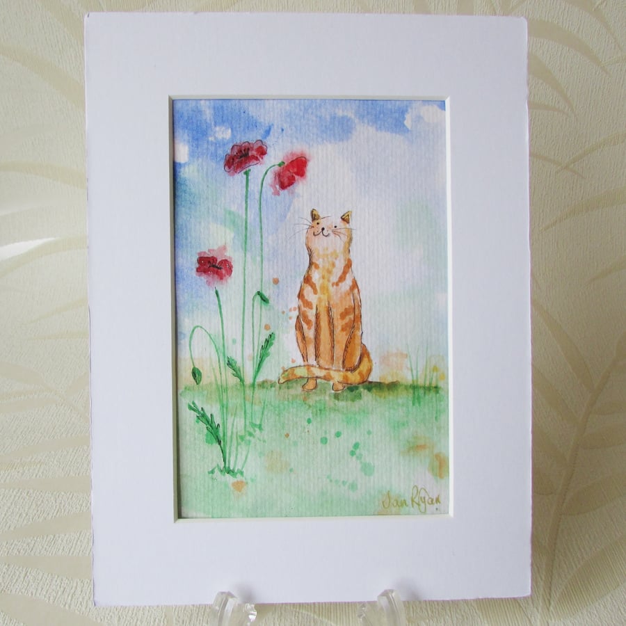 Ginger Cat & Poppies Painting, Nursery Art, 