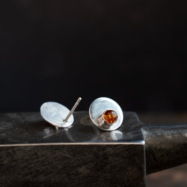 Amber Earrings - Real Amber Stud Earrings - Round Silver Disc Studs 