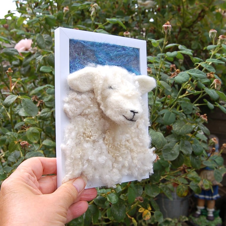 Textile art picture -  Lone Sheep 17 x 12 cm   Needle felt