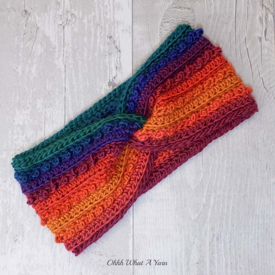 Ladies rainbow twist ear warmer. Crochet ear warmer.