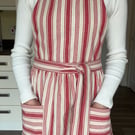 Handmade Cotton Apron, Adjustable Straps, Red Striped with Pockets