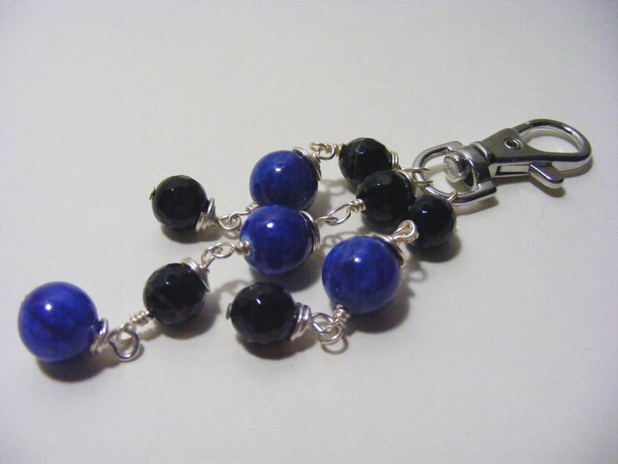 Black Stripe Agate and Blue Quartzite Gemstone Bag Charm