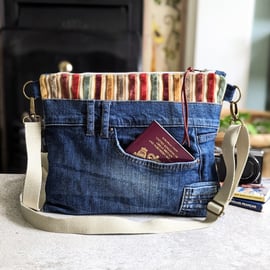 Denim Bag - Denim Cross Body Crossover Bag or Clutch Bag With Leather Strap