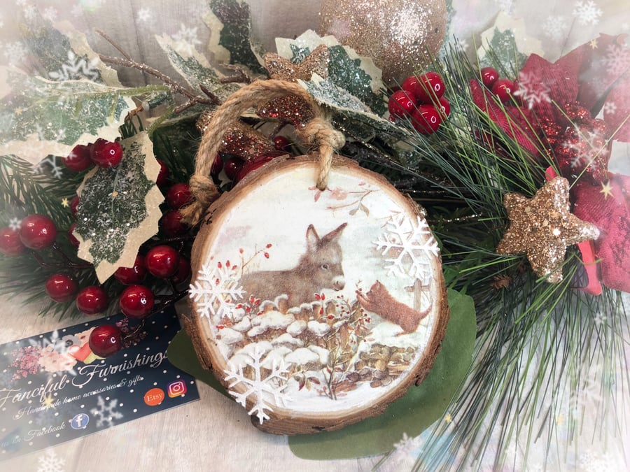 Cute donkey and kitten rustic log slice Christmas tree decoration