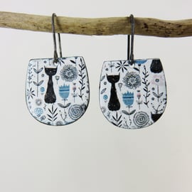 Semi Circle Enamel on Copper Dangle Earrings with Retro Vintage Style Cat Design