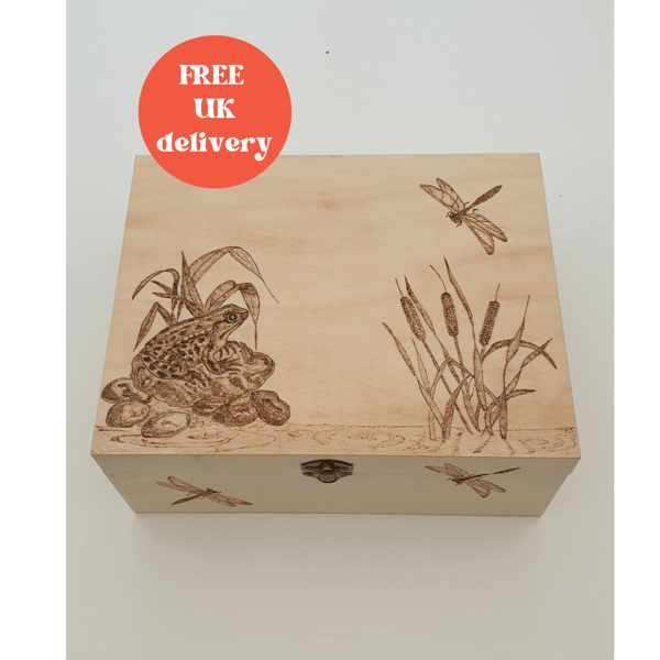 Pyrography wooden box, memory keepsake box, storage box, frog and dragonflies 