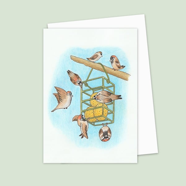 Garden Sparrows Greeting Card: Original Pencil Illustration (208)
