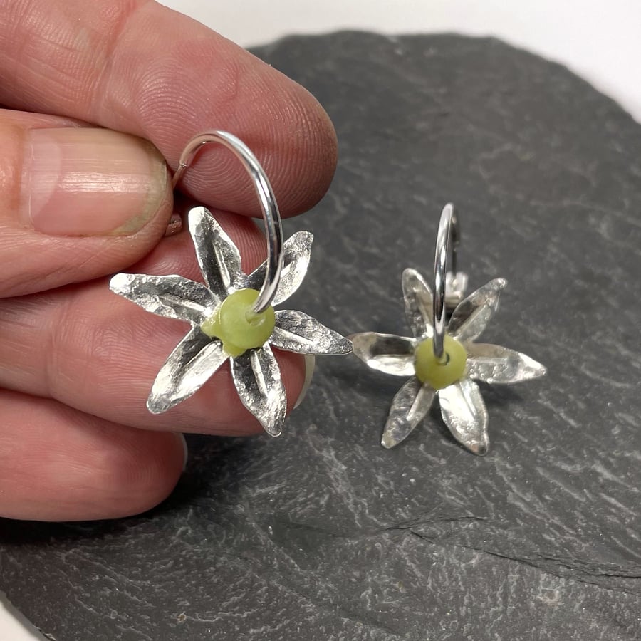 Sterling silver and lemon jasper Flower hoop earrings