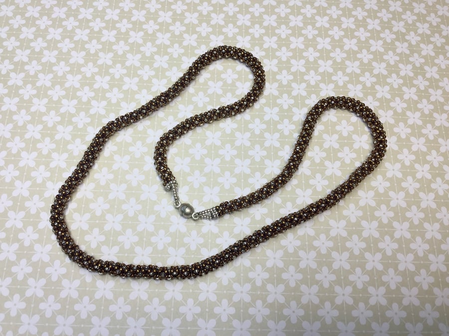 Bronze and Silver Beaded Chenille Stitch Necklace