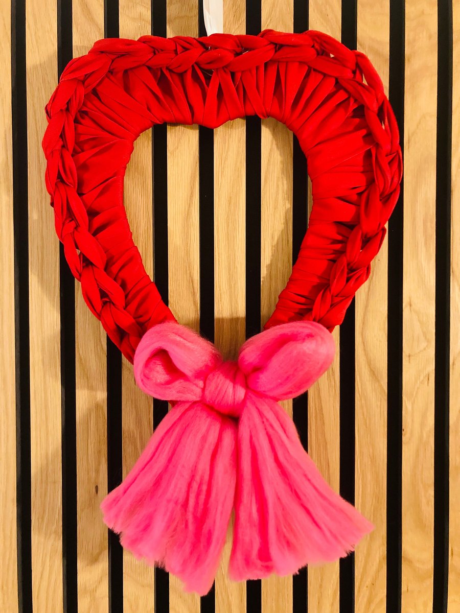 Ribbon chunky hand crochet and merino wool heart wreath
