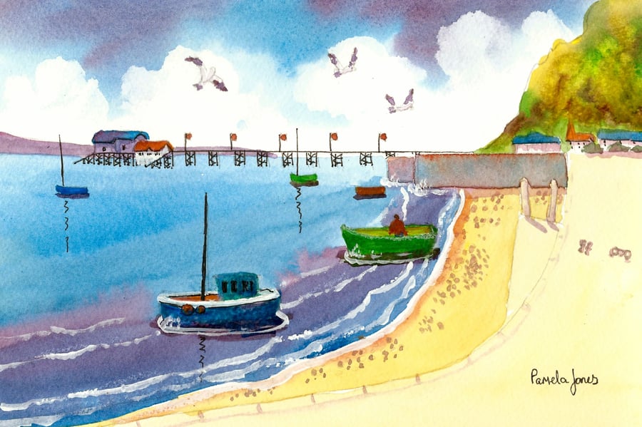 Mumbles Pier, Seagulls, Boats, Watercolour Print, in 14 x 11 '' Mount