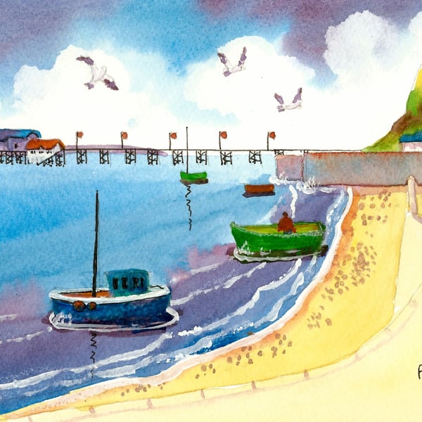 Mumbles Pier, Seagulls, Boats, Watercolour Print, in 14 x 11 '' Mount