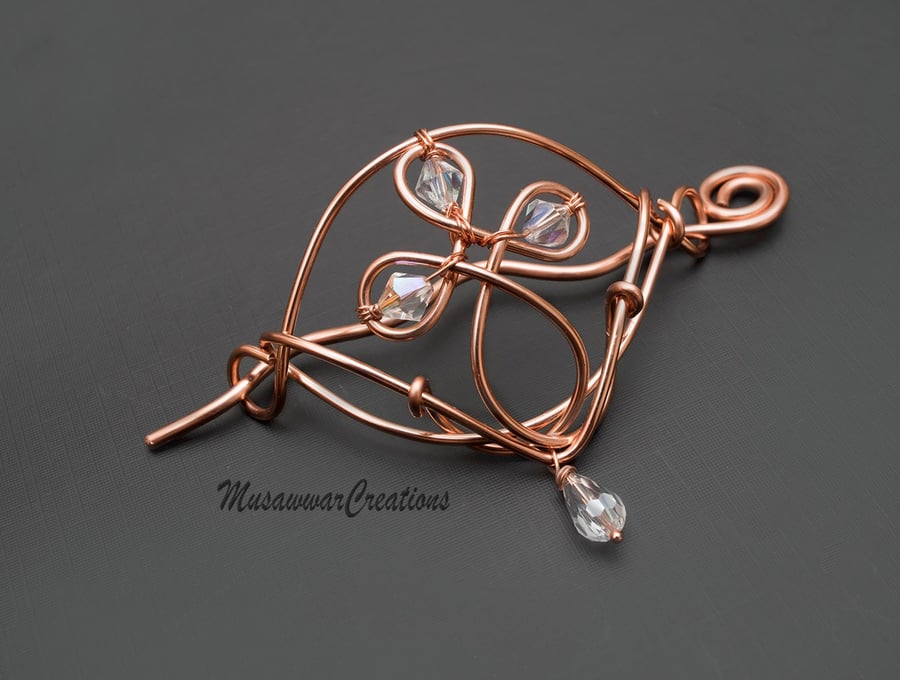 Celtic copper wire hair barrette-copper hair brooch-Copper Hair bun holder,