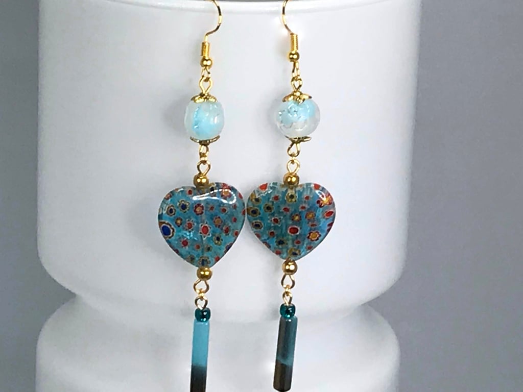 JAPANESE HEART EARRINGS murano glass Czech glass blossoms electroplate blue