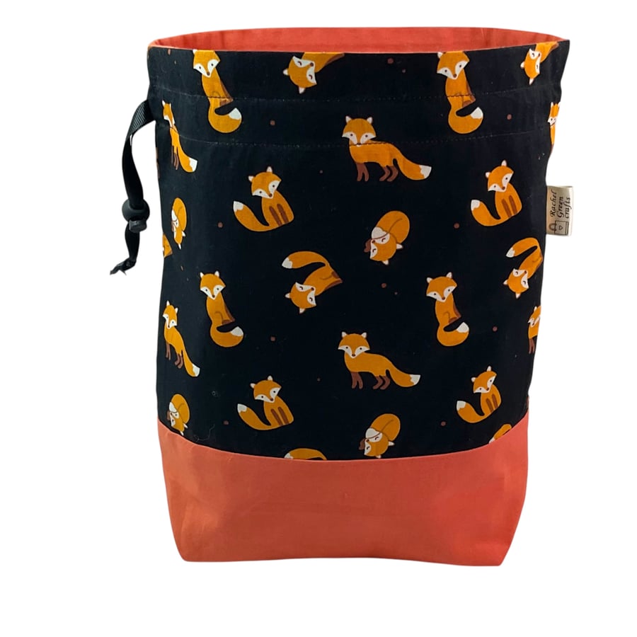 two at a time knitting bag with foxes, fox sock sack, drawstring divided pouch, 