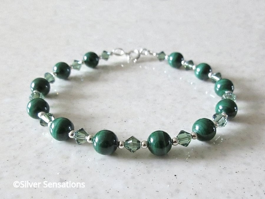 Bottle Green Malachite Gems Bracelet With Sparkly Crystals & Sterling Silver