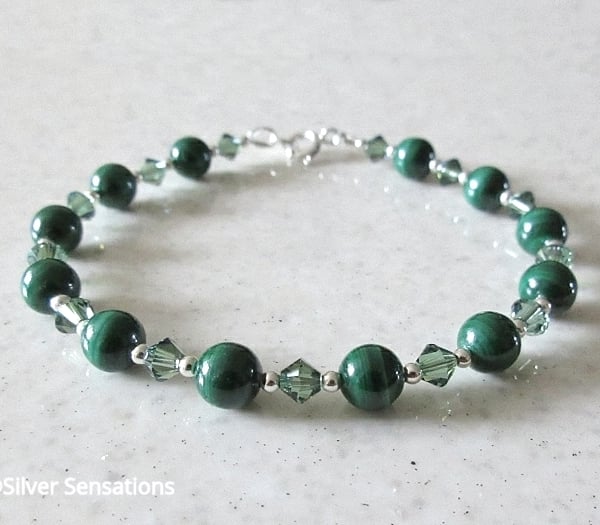 Bottle Green Malachite Gems Bracelet With Sparkly Crystals & Sterling Silver