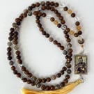 Rosewood And Gemstone Mala Necklace with Quan Yin Amulet