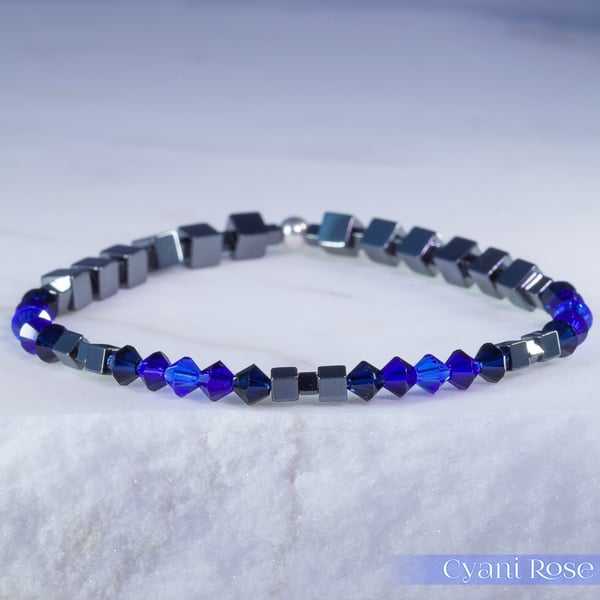 Swarovski and Hematite stretch beaded bracelet blue black