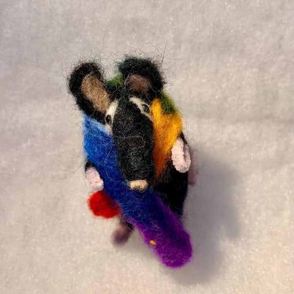 Felted mouse - black with white eye patches keeping warm with rainbow scarf