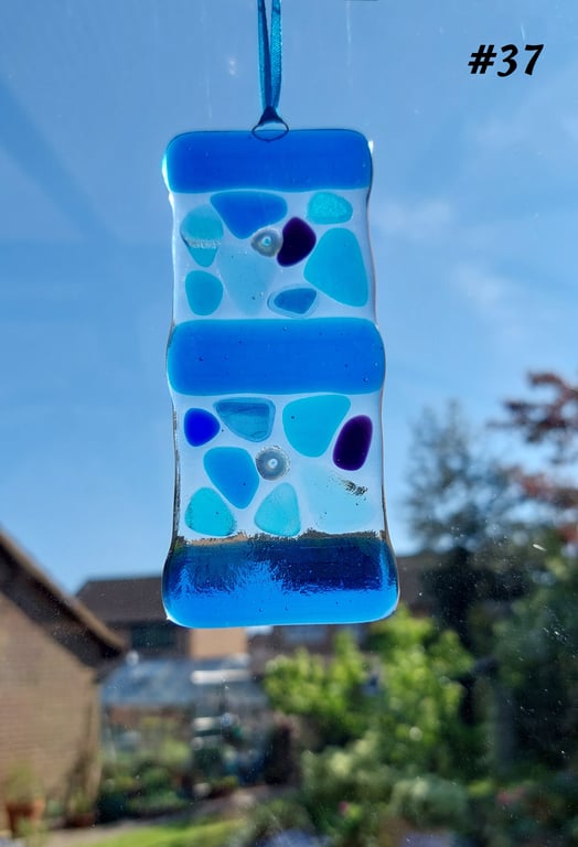 Blue mosaic patterned fused glass suncatcher, handcrafted, 5x12cm (37)