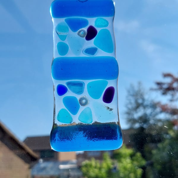 Blue mosaic patterned fused glass suncatcher, handcrafted, 5x12cm (37)