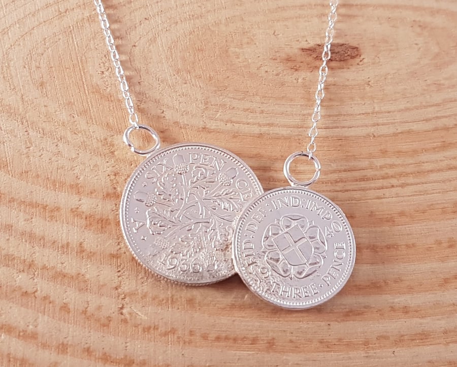 Half Sterling Silver Sixpence and Threepence Coin Necklace