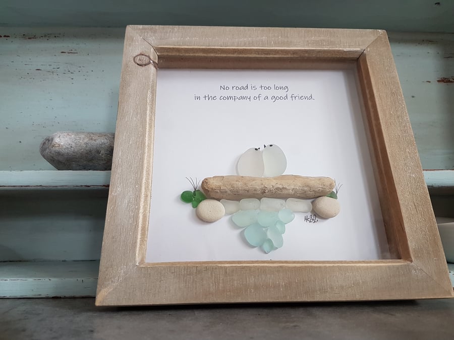 Natural Wood framed sea glass artwork, birds, friendship, quote