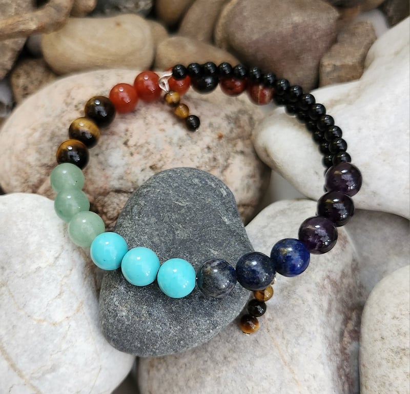 7 Chakra memory wire bangle with sterling silver -Version 1