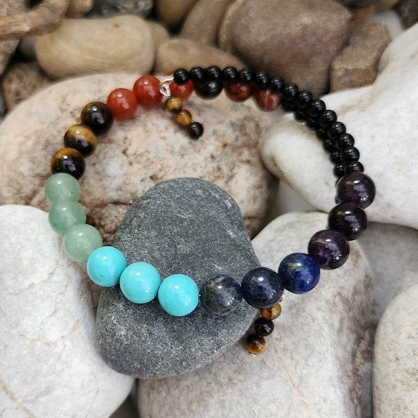 7 Chakra memory wire bangle with sterling silver -Version 1