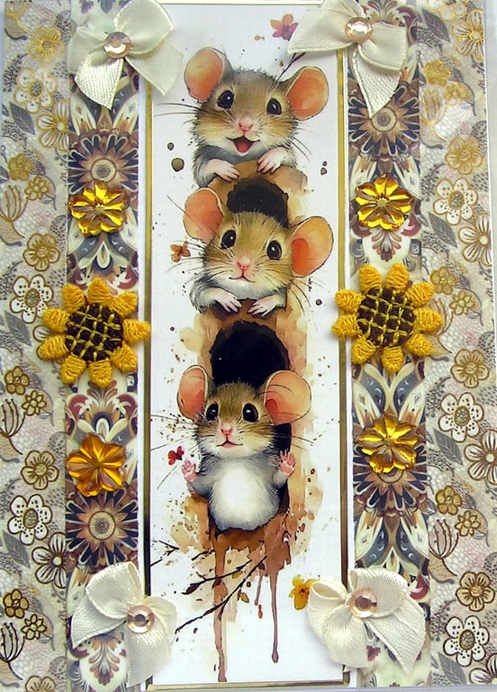 Playful Mice Mouse - Hand Crafted Decoupage Greeting Card - Blank (3786)