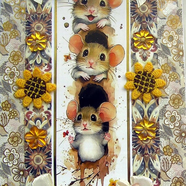 Playful Mice Mouse - Hand Crafted Decoupage Greeting Card - Blank (3786)