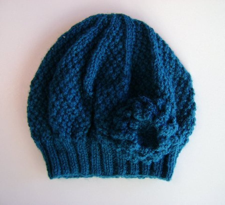 Beanie Hat in Dark Teal With Detachable Flower Brooch Hand Knitted 