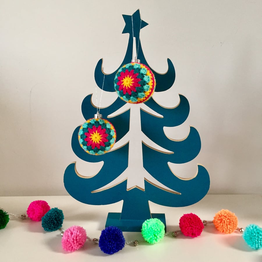 Set of 2 crochet Christmas baubles - teal and bright pink
