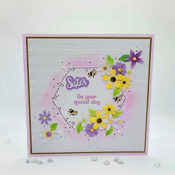 Birthday Greeting Card - Sister - cards, embossed, floral, bee
