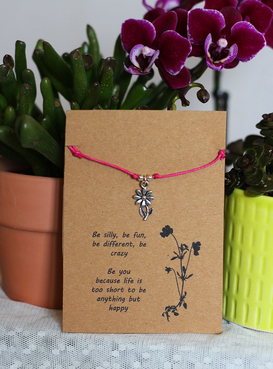 Handmade adjustable friendship bracelet with Tibetan silver daisy charm