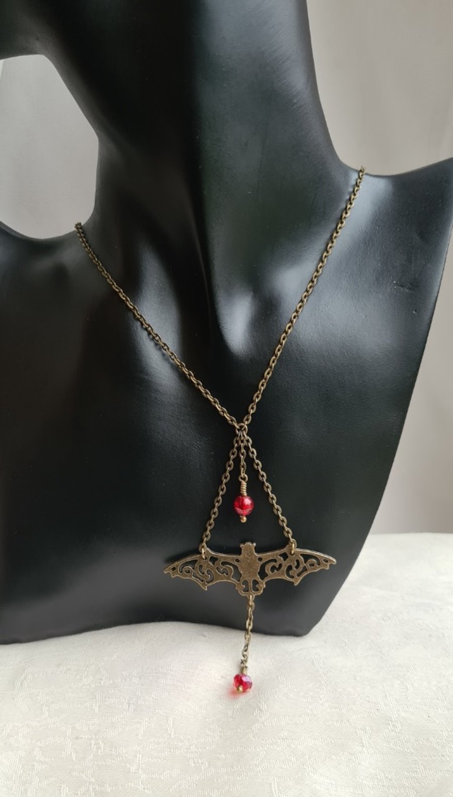 Gorgeous Vampire's Ball Bronze-Tone Fancy Bat Dangly Necklace.