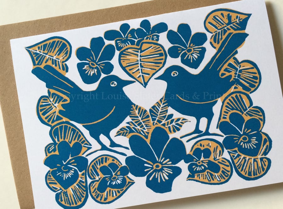Blue Violets & Birds Card