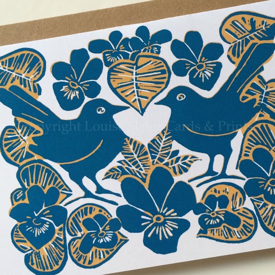Blue Violets & Birds Card