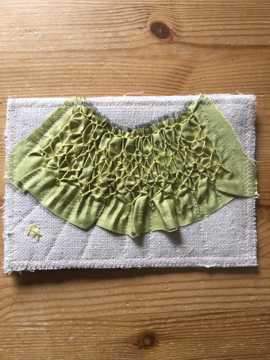 Hand Smocked and Beaded Silk Sampler Post Card,  Green on NaturalS8