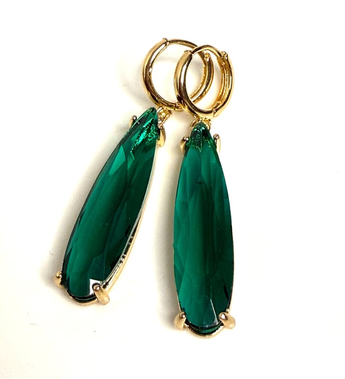 Emerald Green Crystal Earrings, Long Teadrop Gold Dangles