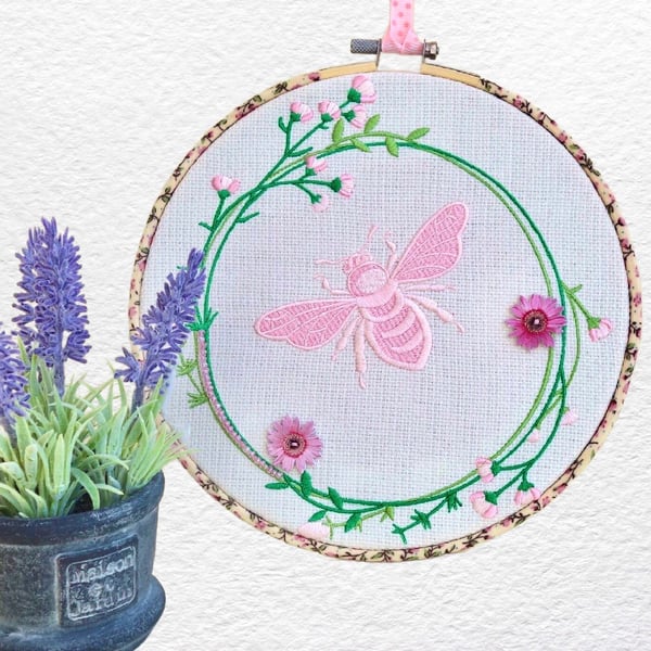 Pink Bee Embroidery Hooped Decoration 20cm (8") ready to hang