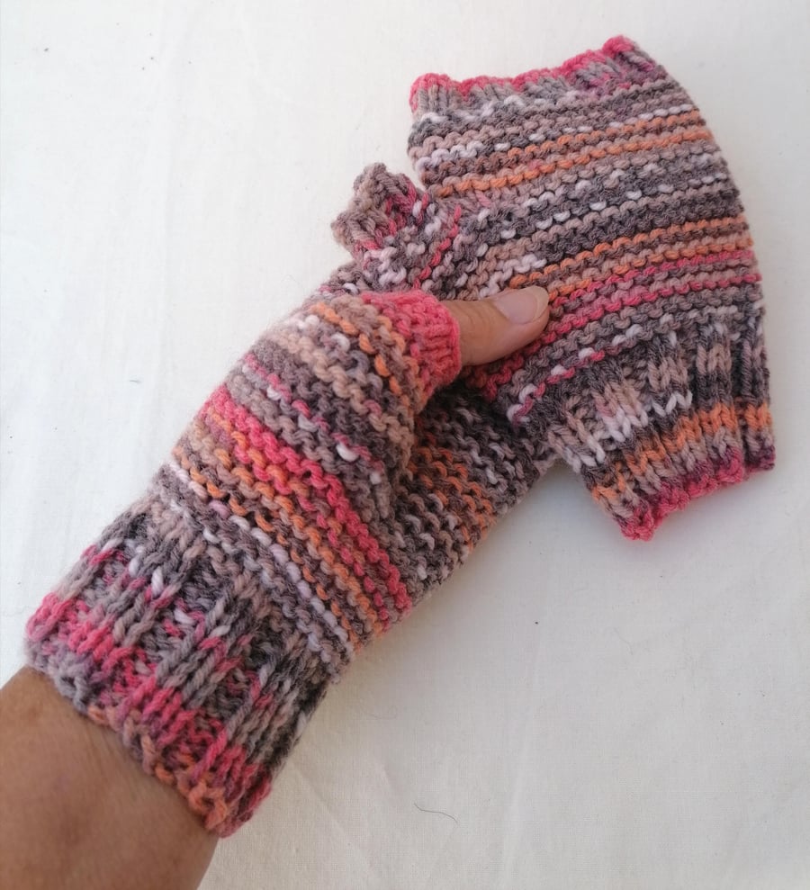 Hand Knit Fair Isle Effect Fingerless Gloves 
